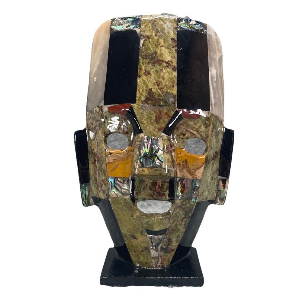 VTG Mexican Handmade Mayan Aztec Stone Burial Death Mask Abalone Onyx 9.5 In.